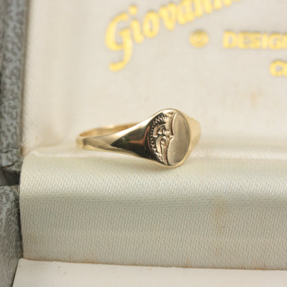Vintage 9ct Gold Oval Half Engraved Signet Ring, 1978