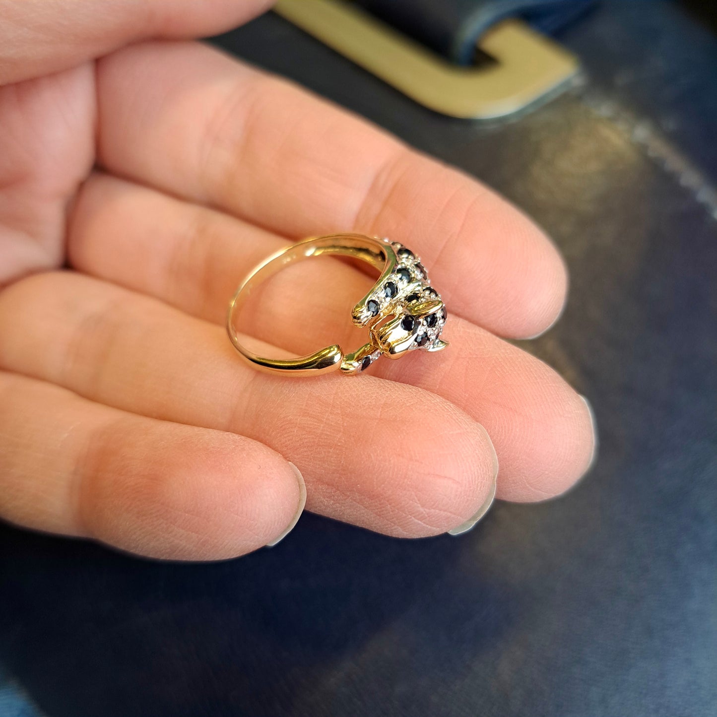 Pre-owned 9ct Gold Black Sapphire and Diamond Panther Ring