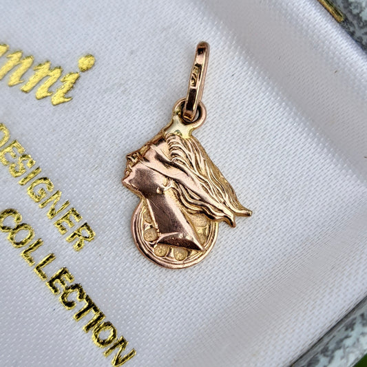 Vintage 9ct Gold Art Nouveau Style Lady Charm Pendant, 1984