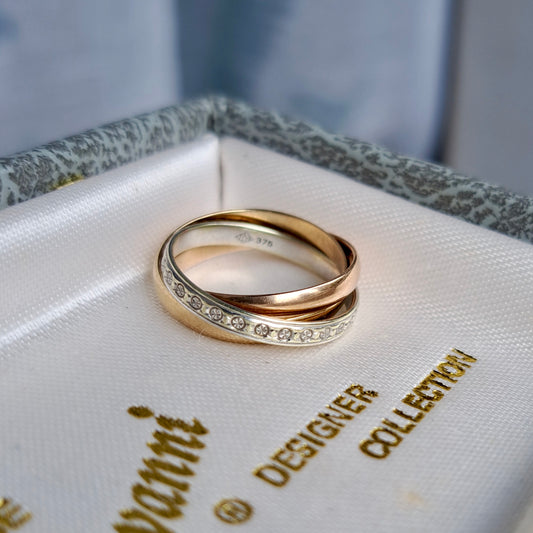 Pre-owned 9ct Tri Colour Gold Russian Wedding Ring, Size K