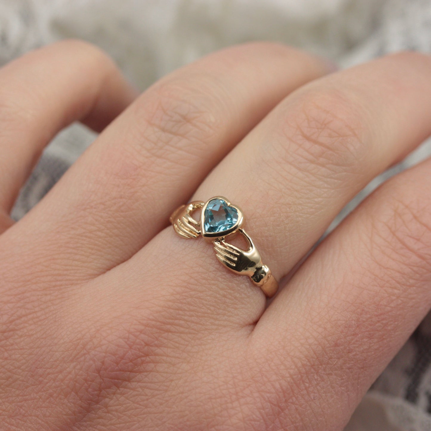 Vintage 9ct Gold Hands Holding Topaz Heart Ring, 1996