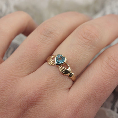 Vintage 9ct Gold Hands Holding Topaz Heart Ring, 1996