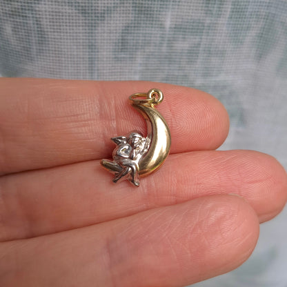 Pre-owned 9ct Two Tone Gold Moon and Angel Pendant