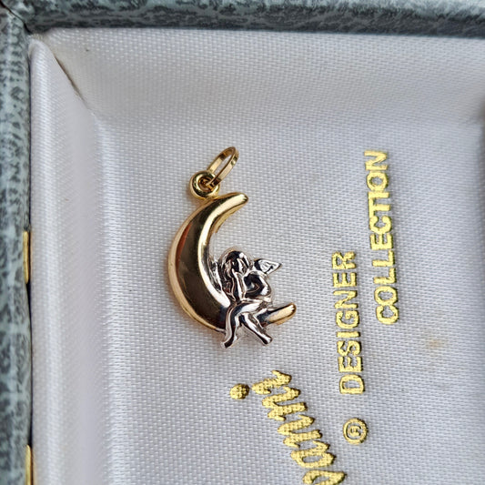 Pre-owned 9ct Two Tone Gold Moon and Angel Pendant