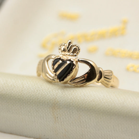 Vintage 9ct Gold Claddagh Ring with Gold Striped Black Onyx Heart, 1987