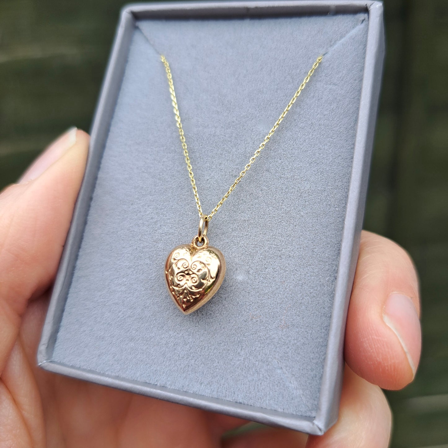 Vintage 1960s 9ct Gold Engraved Puffy Heart Charm, 1962