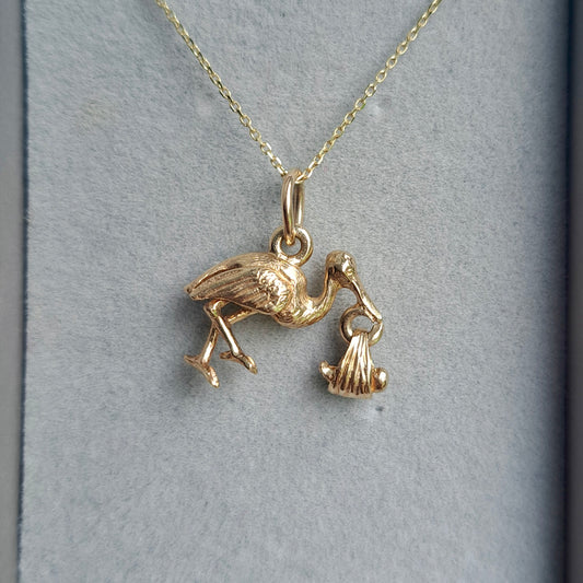 Vintage 9ct Gold Stork with Dangling Baby Charm, 1998