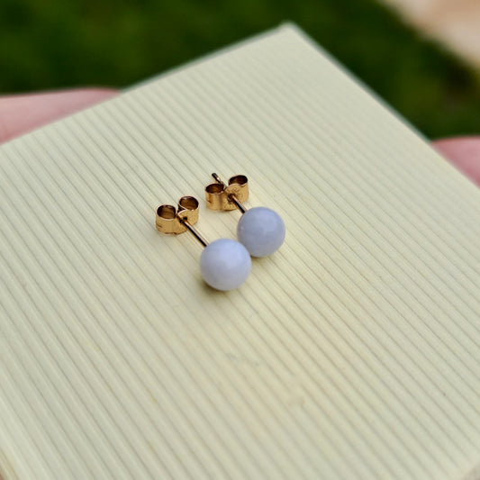 Vintage 9ct Gold Pale Blue Agate Ball Stud Earrings