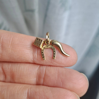 9ct Gold Lucky Charms Set - Cornicello, Dice, Horseshoe