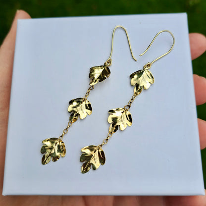 Pre-owned Long 9ct Gold Leaf Dangle Earrings