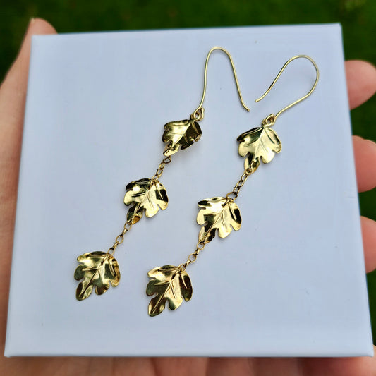 Pre-owned Long 9ct Gold Leaf Dangle Earrings