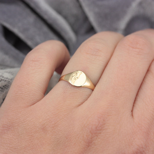 Vintage 9ct Gold Oval Half Engraved Signet Ring, 1978