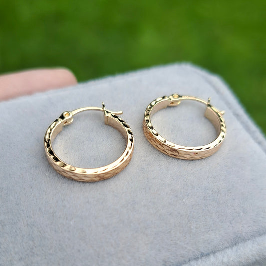 Pre-owned 9ct Gold Textured Hoop Earrings
