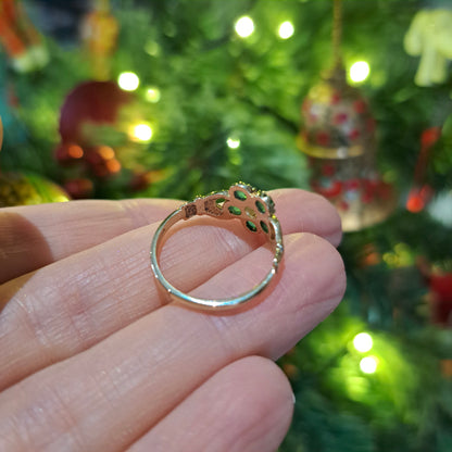 Late Vintage 9ct Gold Hands Holding Flower Ring with Emeralds and Moonstone