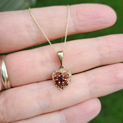 Vintage 9ct Gold and Garnet Cluster Heart Pendant, 1979