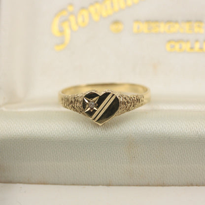 Vintage 9ct Gold and Diamond Heart Signet Ring, 1991