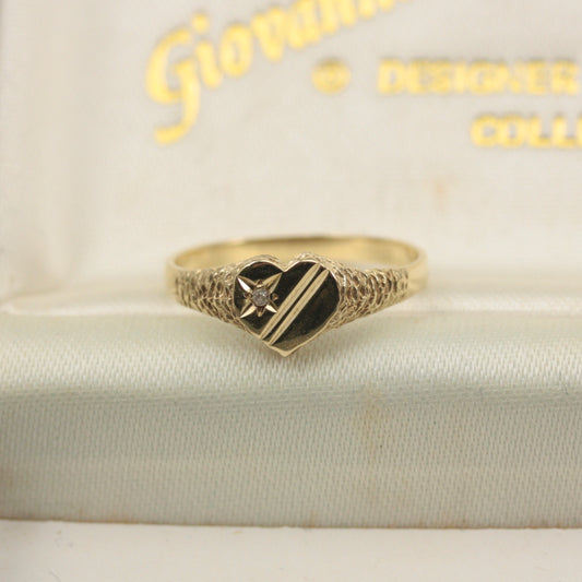 Vintage 9ct Gold and Diamond Heart Signet Ring, 1991