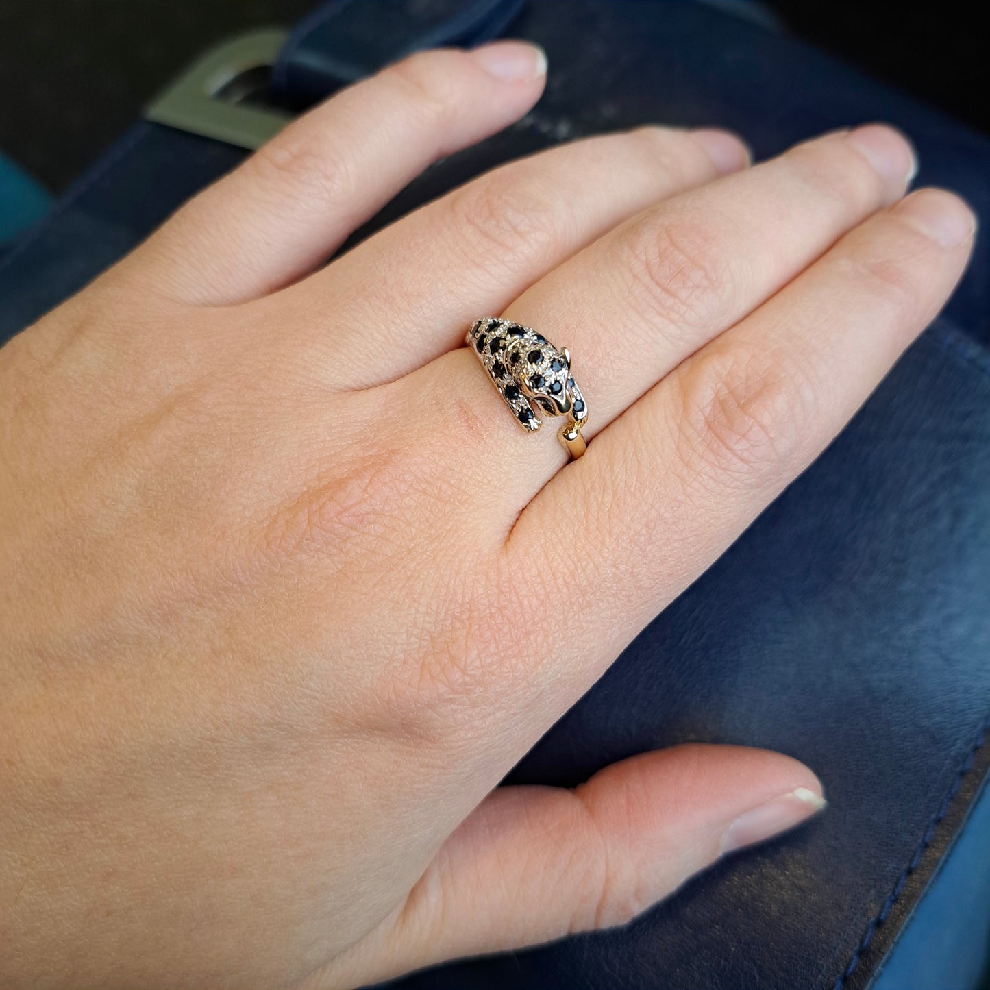 Pre-owned 9ct Gold Black Sapphire and Diamond Panther Ring