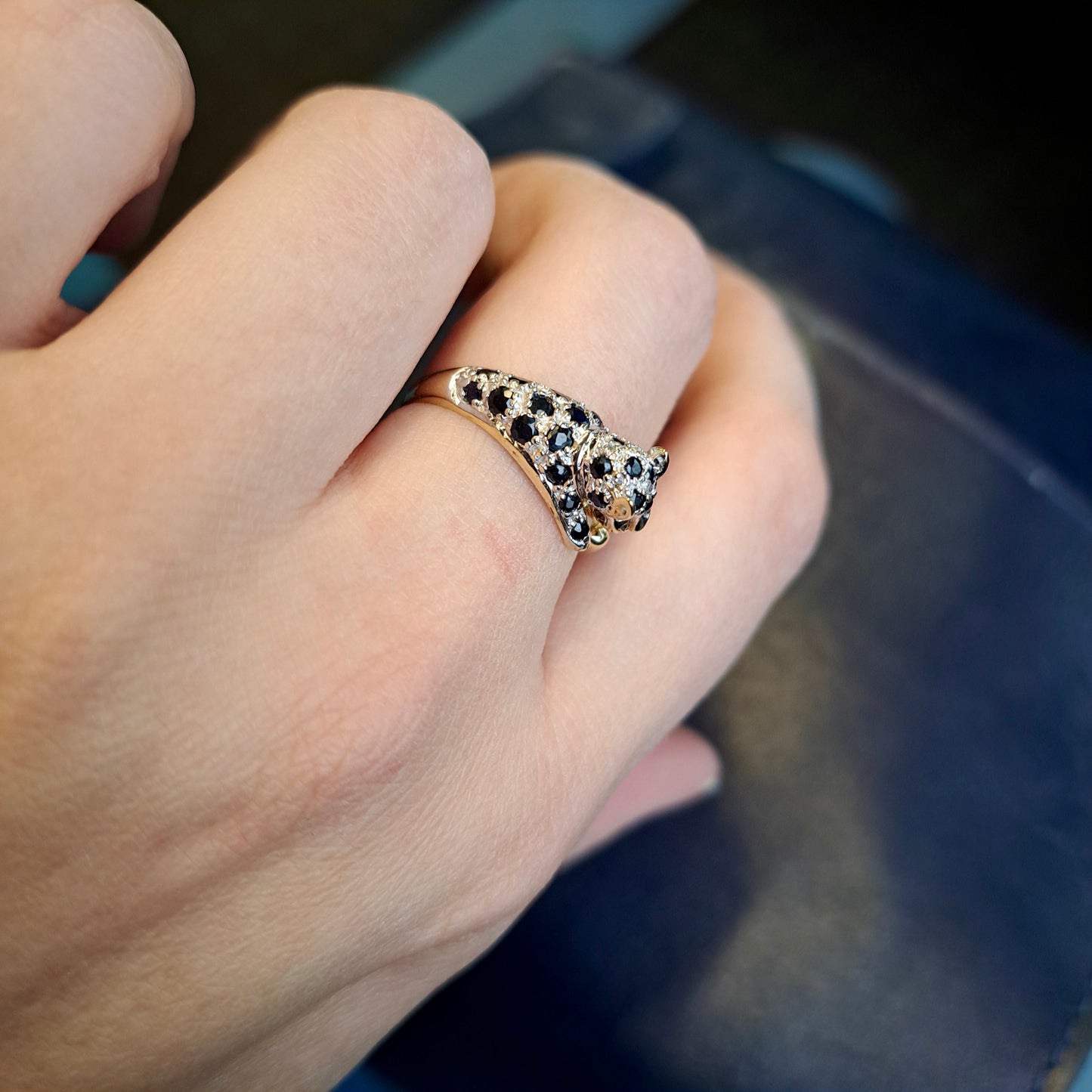 Pre-owned 9ct Gold Black Sapphire and Diamond Panther Ring