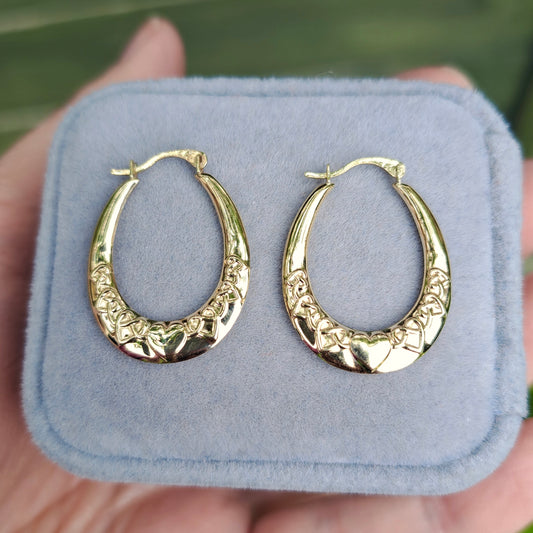 Pre-owned 9ct Gold Hearts Design Creole Hoop Earrings