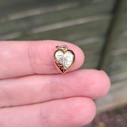 Vintage 1960s 9ct Gold Engraved Puffy Heart Charm, 1962