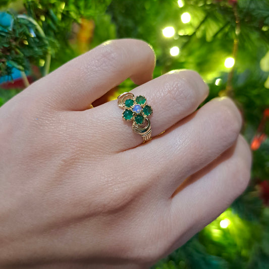 vintage 9ct gold hands holding flower ring emeralds moonstone