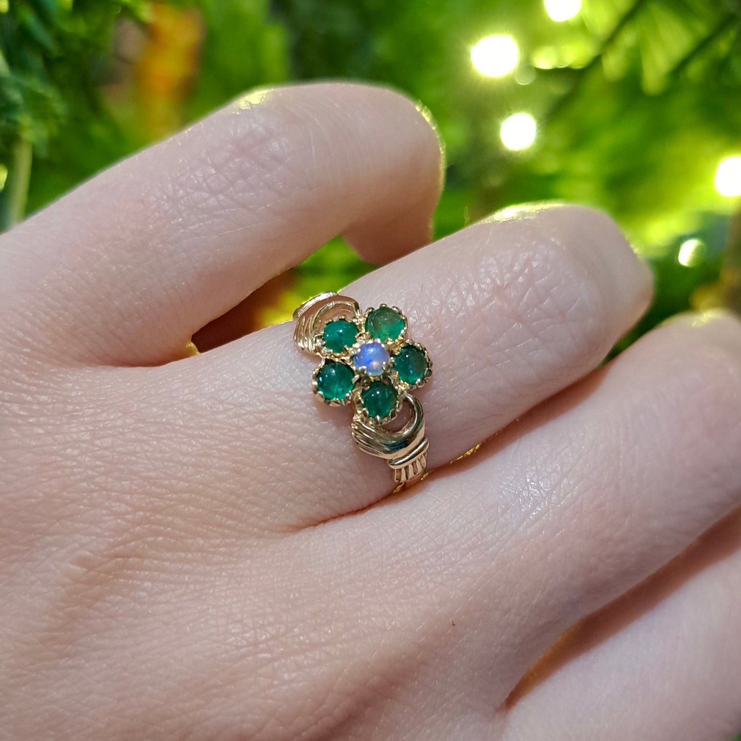 Late Vintage 9ct Gold Hands Holding Flower Ring with Emeralds and Moonstone