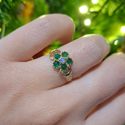 Late Vintage 9ct Gold Hands Holding Flower Ring with Emeralds and Moonstone