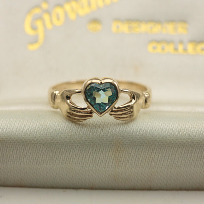 Vintage 9ct Gold Hands Holding Topaz Heart Ring, 1996