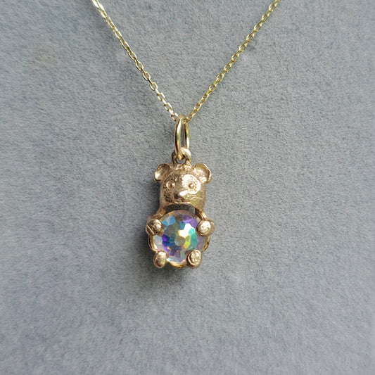 Vintage 9ct Gold Teddy Bear Charm with AB Crystal Belly, 1980s