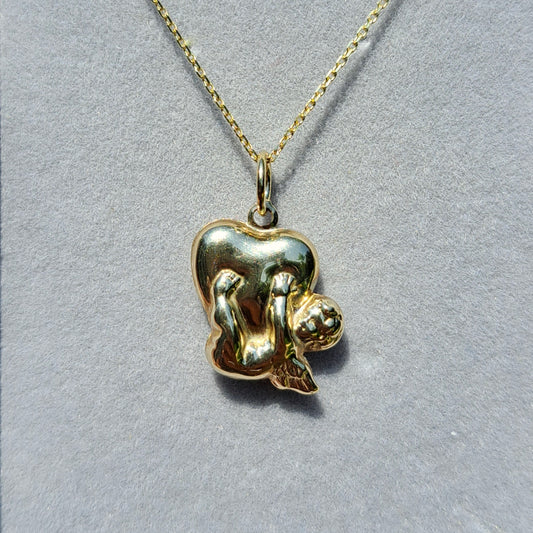 9ct Gold Cherub Hanging From Heart Charm / Pendant
