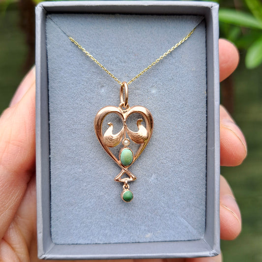Antique Art Nouveau 9ct Gold, Turquoise and Seed Pearl Heart Pendant