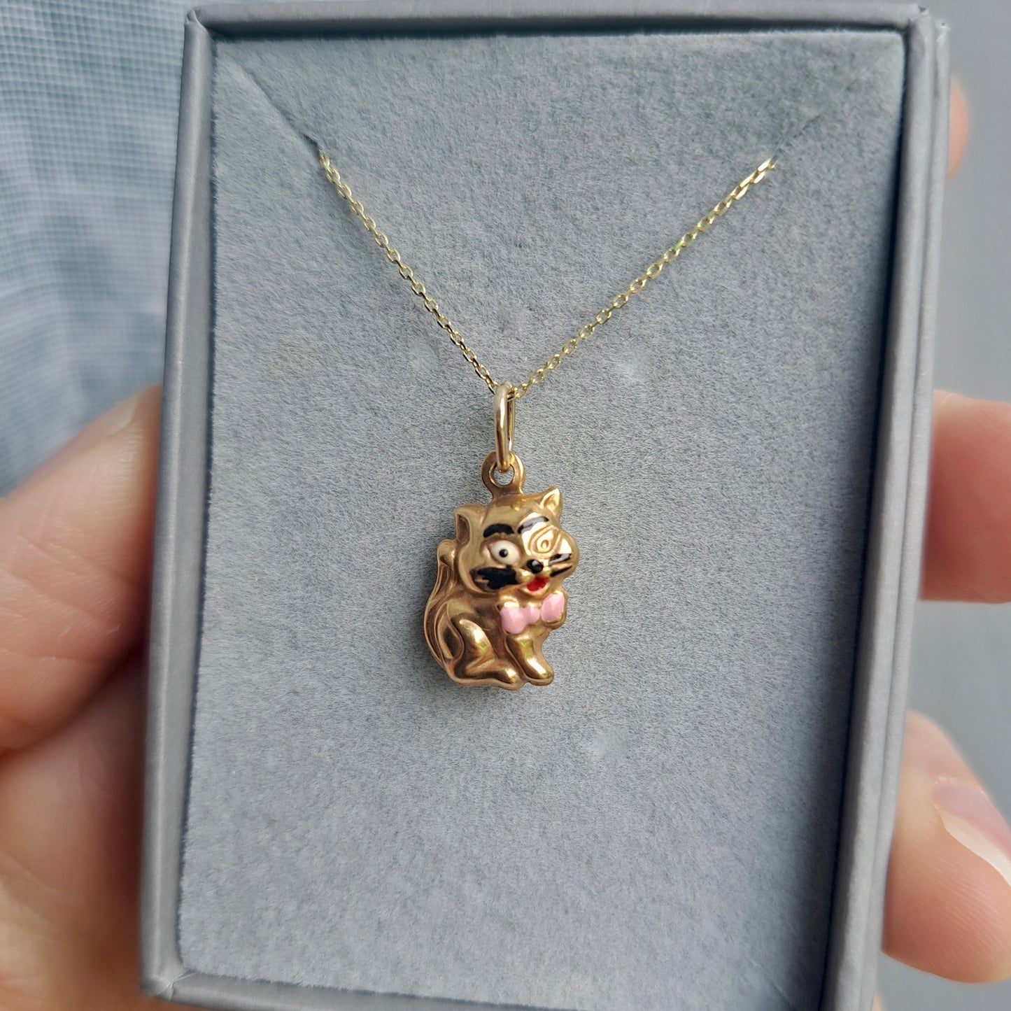 Vintage 9ct Gold and Enamel Puffy Cat Charm, 1990s