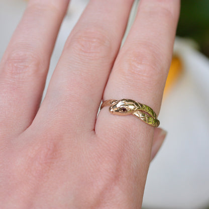 Vintage 9ct Gold and Garnet Snake Ring, 1987