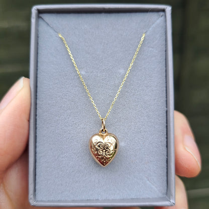 Vintage 1960s 9ct Gold Engraved Puffy Heart Charm, 1962