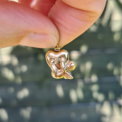 9ct Gold Cherub Hanging From Heart Charm / Pendant