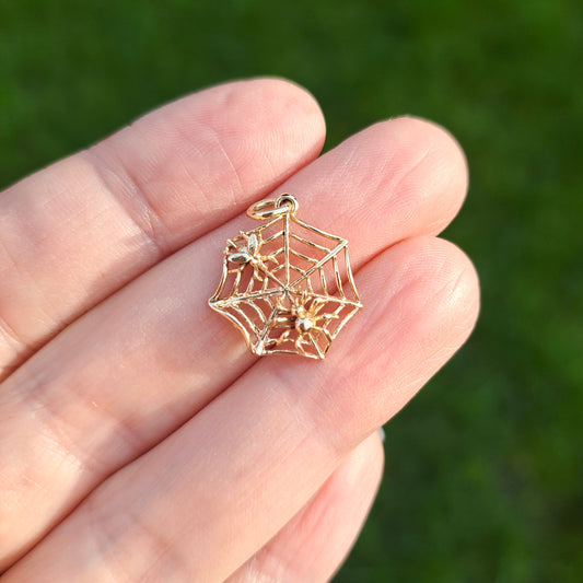 Vintage 9ct Gold Spiderweb Charm with Spider and Fly, 1966
