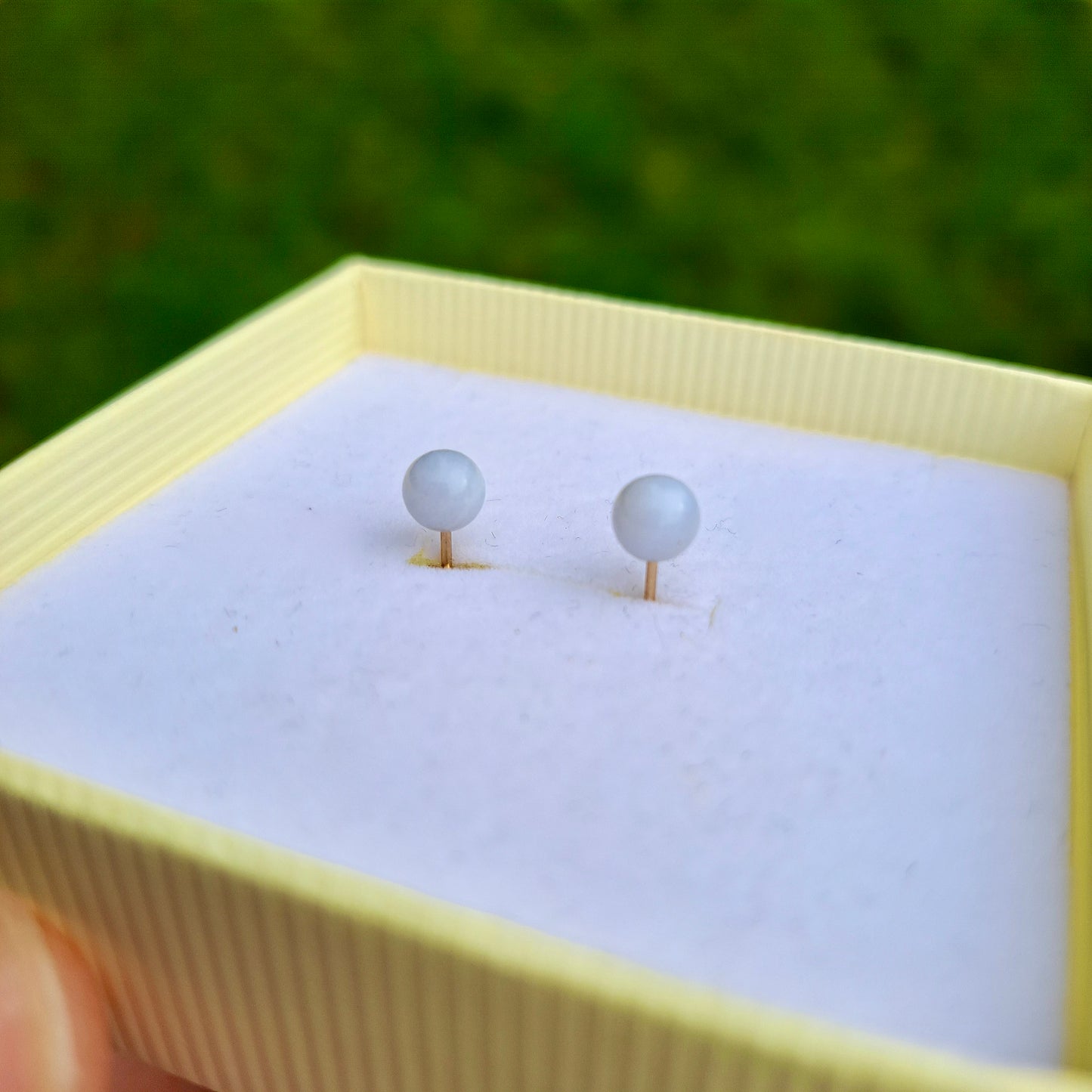 Vintage 9ct Gold Pale Blue Agate Ball Stud Earrings