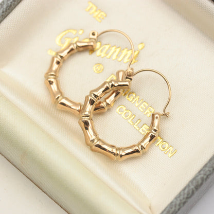 Pre-owned 9ct Yellow Gold Bamboo Hoop Earrings