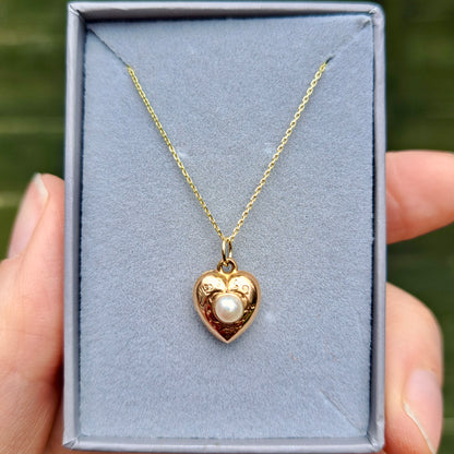 Vintage 9ct Gold Engraved Puffy Heart Charm with Pearl, 11mm