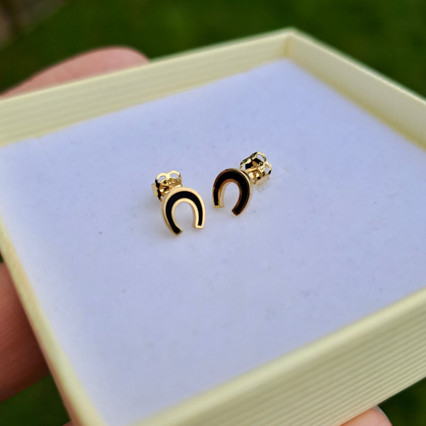 Pre-owned 9ct Gold and Black Enamel Horseshoe Stud Earrings