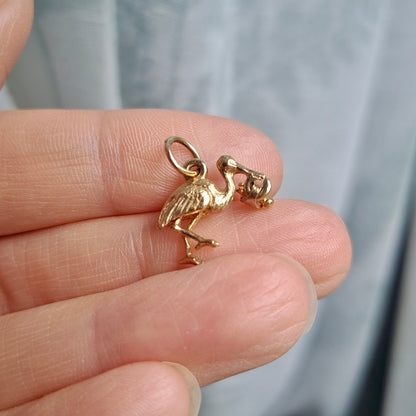 Vintage 9ct Gold Stork with Dangling Baby Charm, 1998