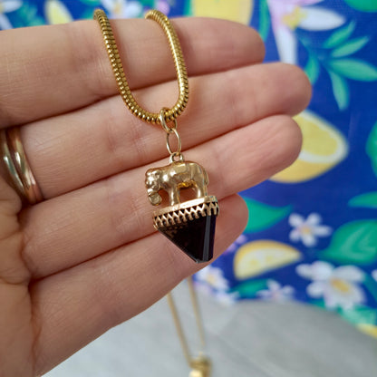 Vintage 9ct Gold and Smoky Quartz Elephant Charm / Pendant, 1968