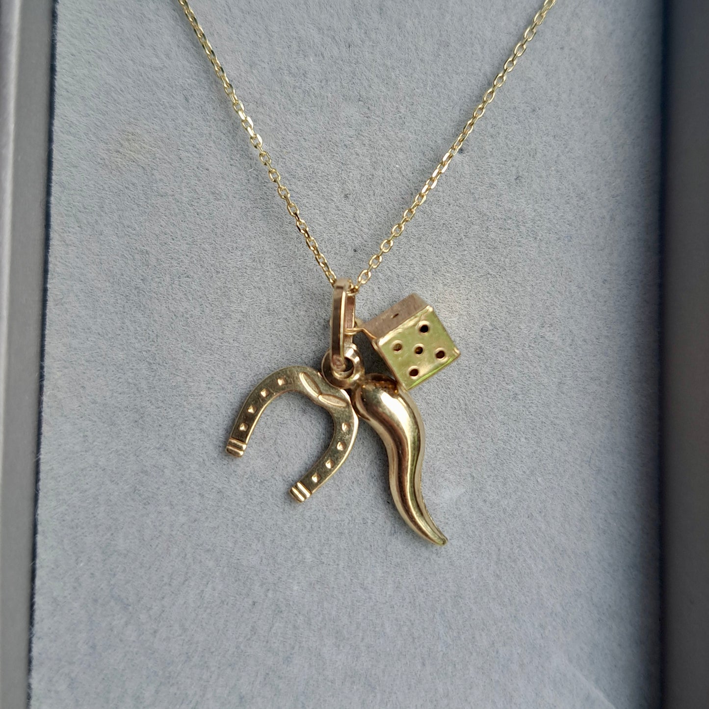 9ct Gold Lucky Charms Set - Cornicello, Dice, Horseshoe
