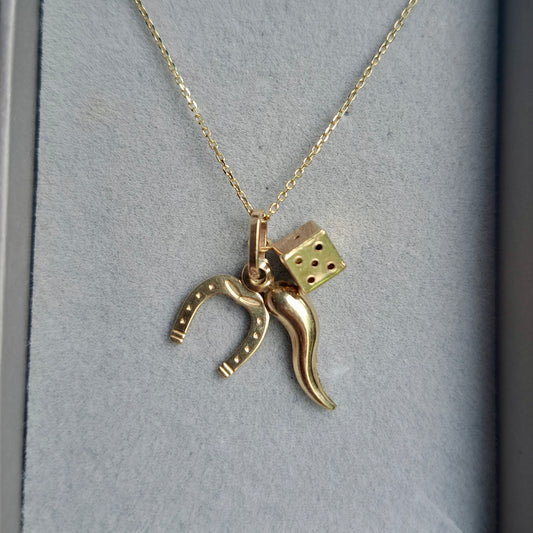9ct Gold Lucky Charms Set - Cornicello, Dice, Horseshoe