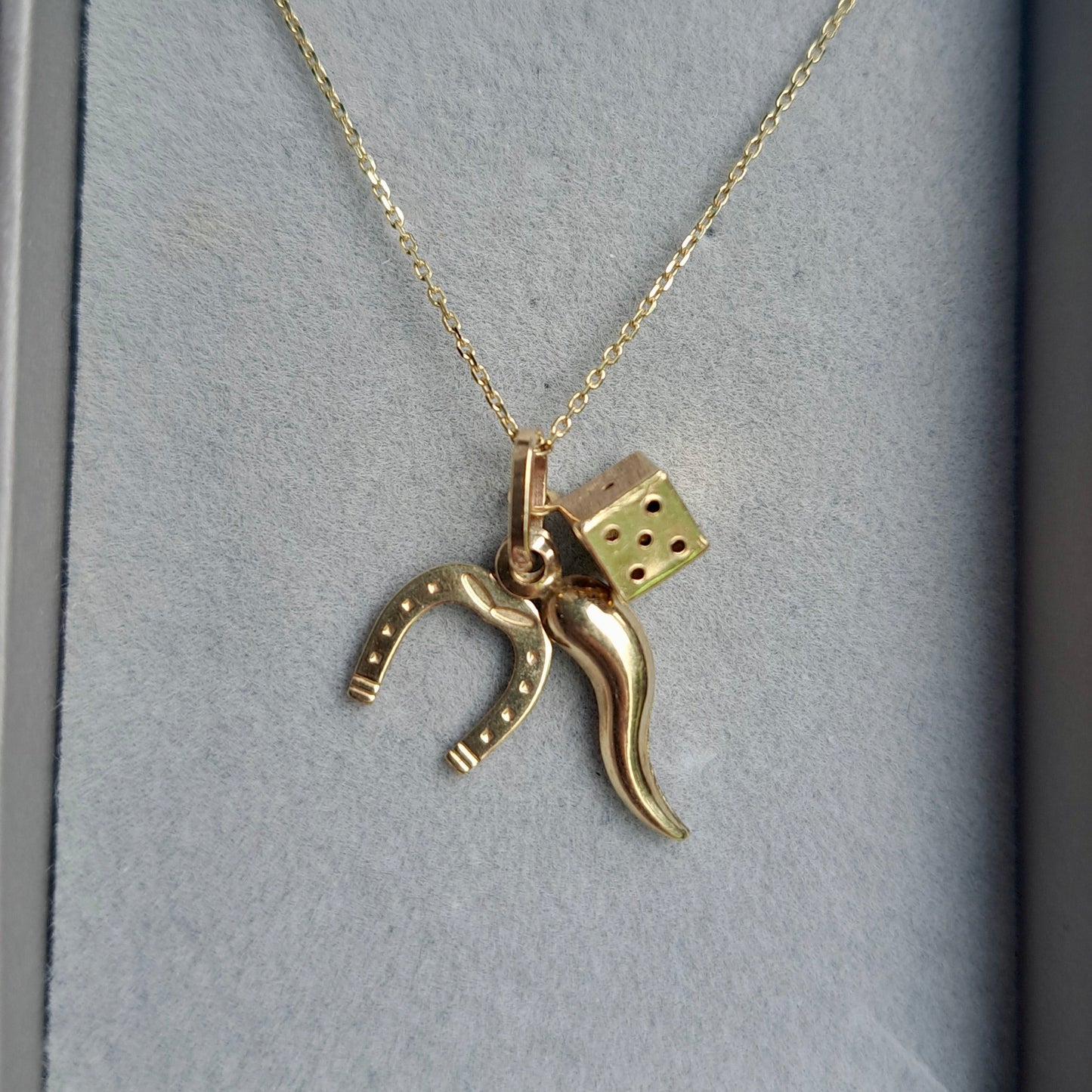 9ct Gold Lucky Charms Set - Cornicello, Dice, Horseshoe