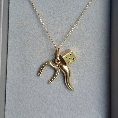 9ct Gold Lucky Charms Set - Cornicello, Dice, Horseshoe