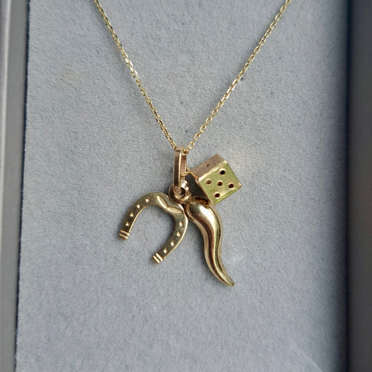 9ct Gold Lucky Charms Set - Cornicello, Dice, Horseshoe