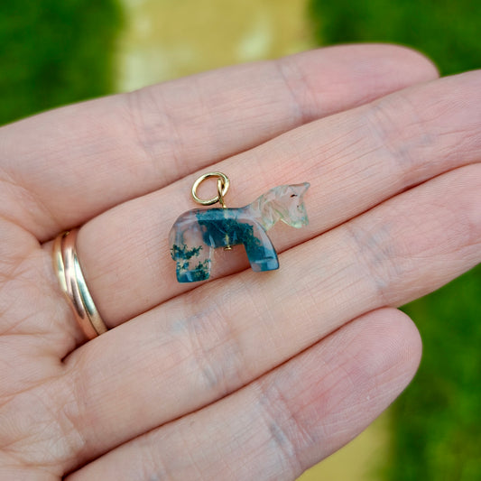Custom Vintage 9ct Gold and Moss Agate Horse Charm