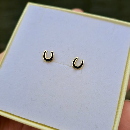 Pre-owned 9ct Gold and Black Enamel Horseshoe Stud Earrings